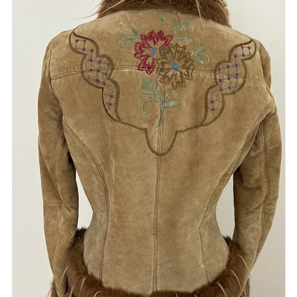 Vintage Y2K XOXO Tan Suede Jacket Faux Fur Trim Embroidered Flowers Women's M - Picture 9 of 16
